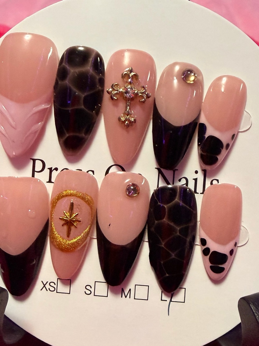 Chic Nude & Black French Stiletto Nail Set with Gold Accents